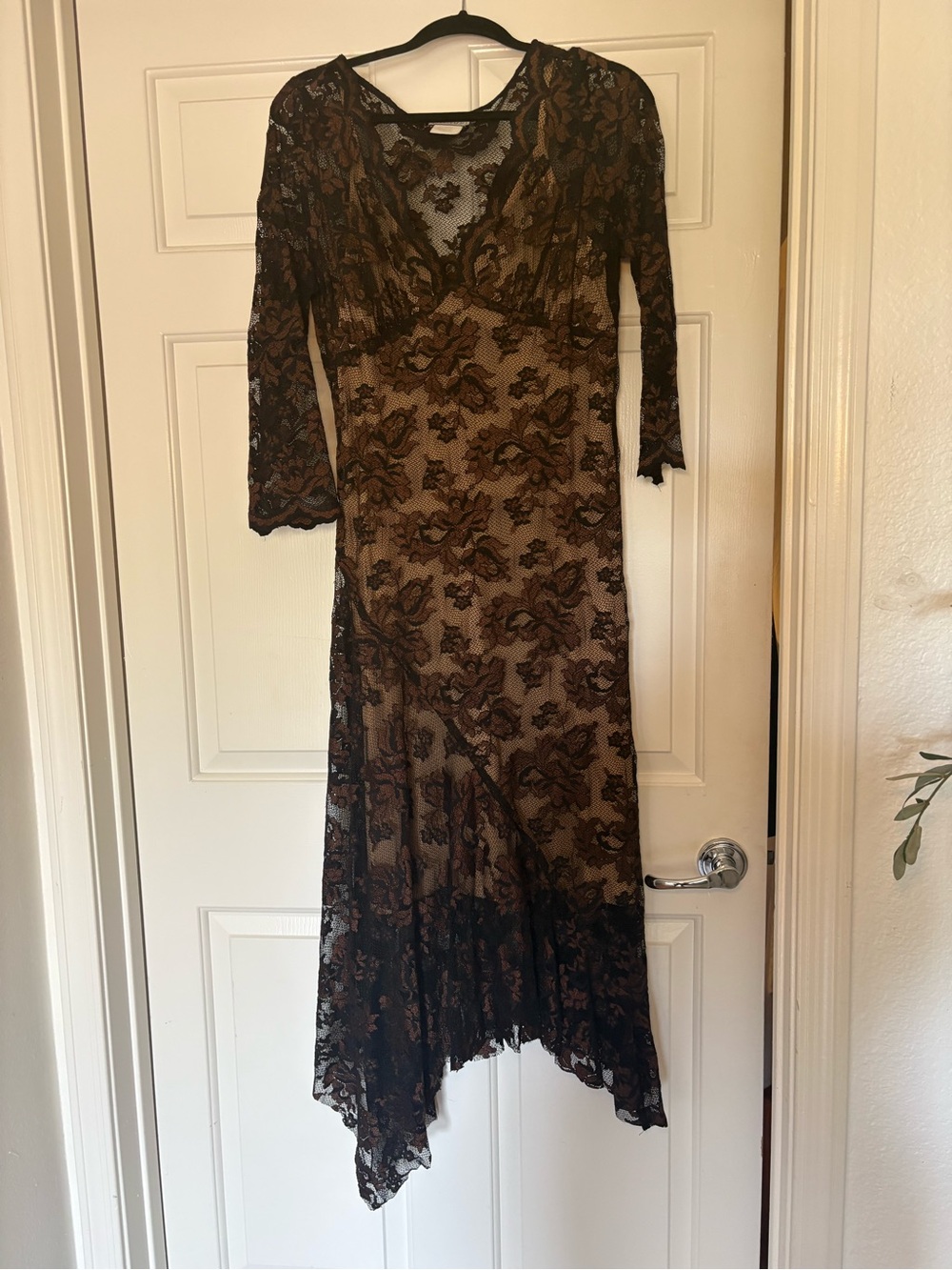 Casadei Black Lace Overlay Brown Slip Midi Dress